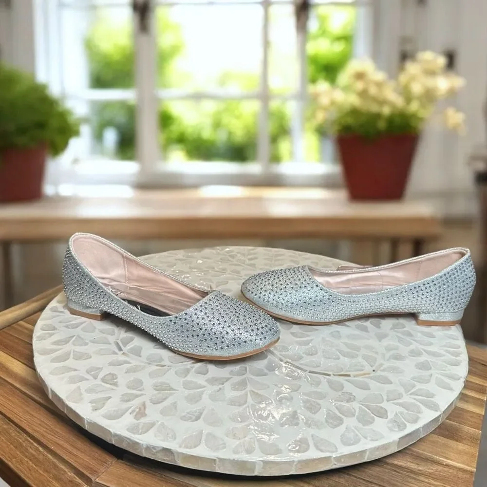 Badgley Mischka Girls Rhinestone Ballet Flats Silver Wedding Flower Girl Shoes S
